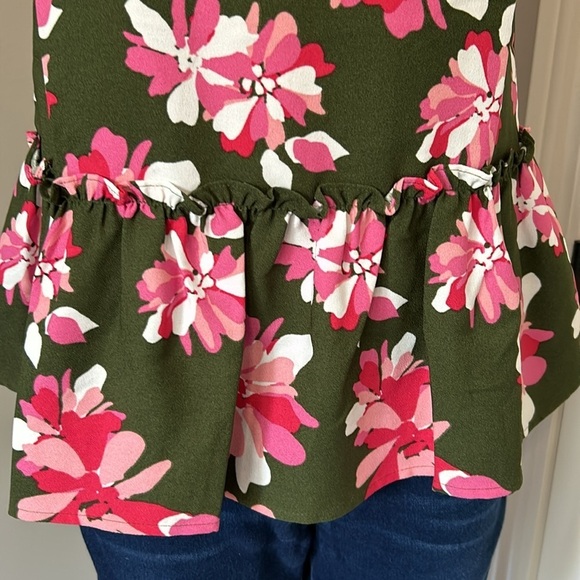 JASON WU Floral Woven Peplum Sleeveless Tank Blouse Vneck Green Pink Sz XXS NEW - Picture 3 of 10